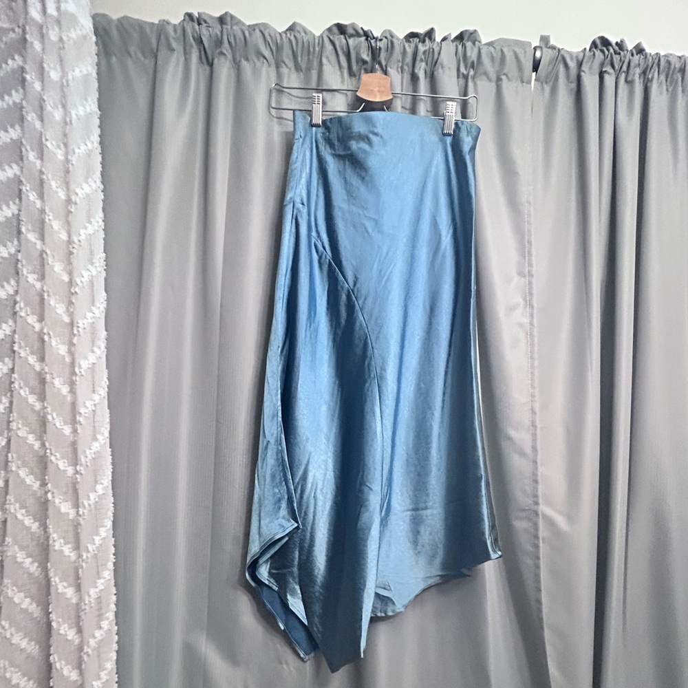Skies Are Blue Satin Midi Handkerchief Hem Skirt in Teal Blue